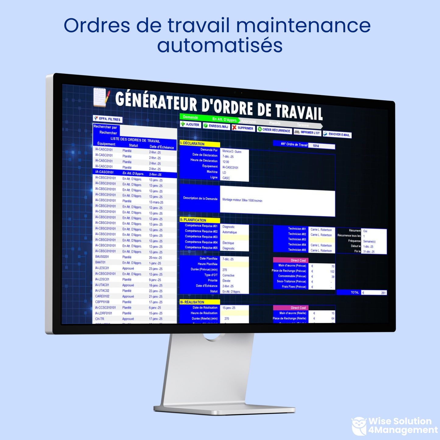 Optimisez vos ordres de travail maintenance grâce à l'automatisation avec GMAO Excel VBA. Simplifiez la gestion de la maintenance, améliorez la réactivité et suivez les interventions efficacement grâce à une planification intelligente.