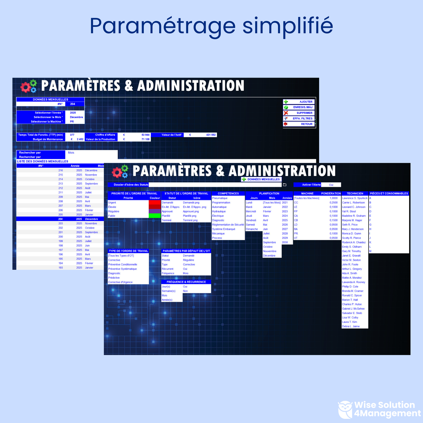Interface de paramétrage GMAO Excel VBA pour personnaliser la gestion de la maintenance, sans nécessiter de compétences supplémentaires. Ajustez les paramètres selon vos besoins pour une gestion optimale des équipements et des interventions.
