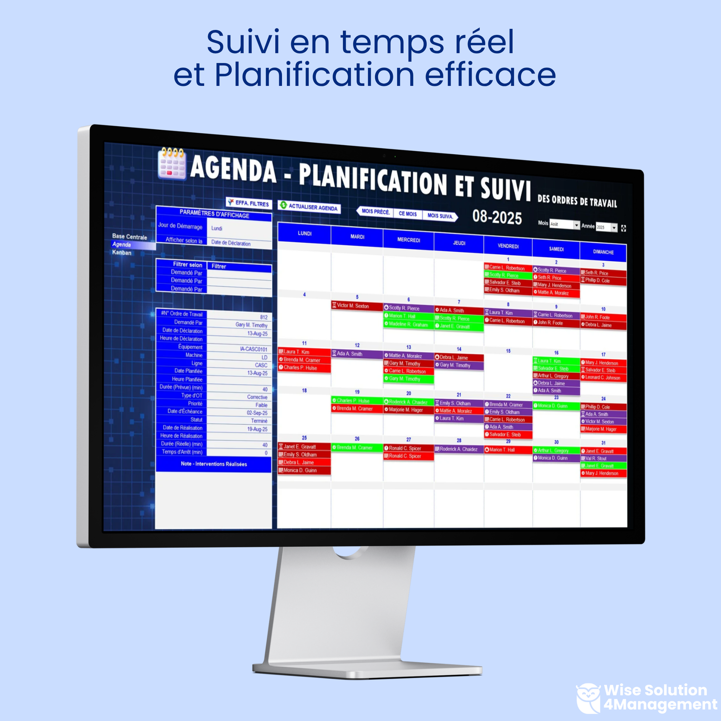 GMAO Excel VBA - Agenda de planification pour une gestion optimisée de la maintenance préventive et corrective avec suivi des interventions en temps réel.