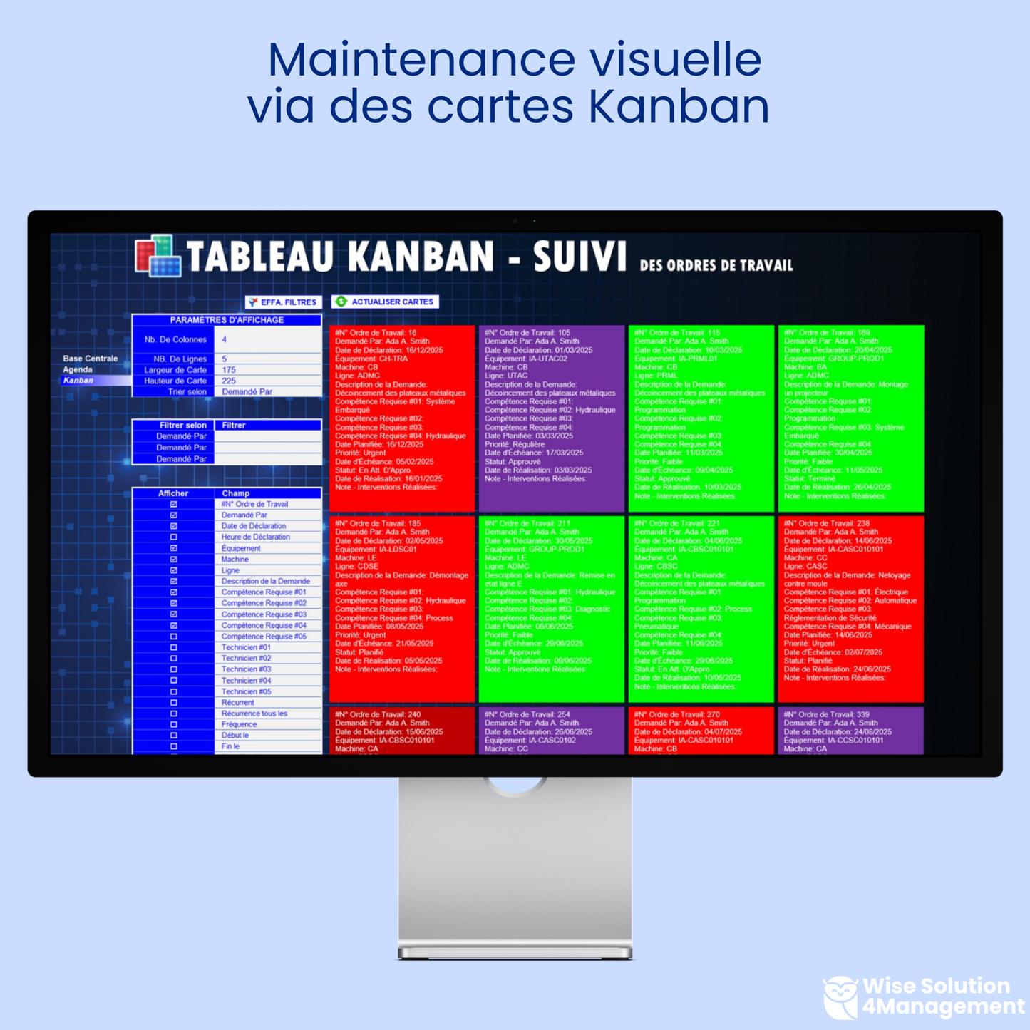 Tableau Kanban GMAO Excel VBA pour la priorisation des tâches de maintenance – Améliorez le suivi visuel des ordres de travail et optimisez la planification agile pour augmenter la productivité et l'efficacité de votre équipe de maintenance.