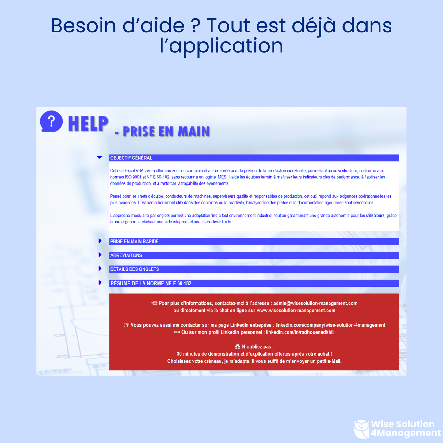 Illustration de l’onglet HELP d’une application de gestion de production, avec aide intégrée, fiches techniques des KPI (TRS, TRG, TRE...) et guide de prise en main pour accompagner l’utilisateur.