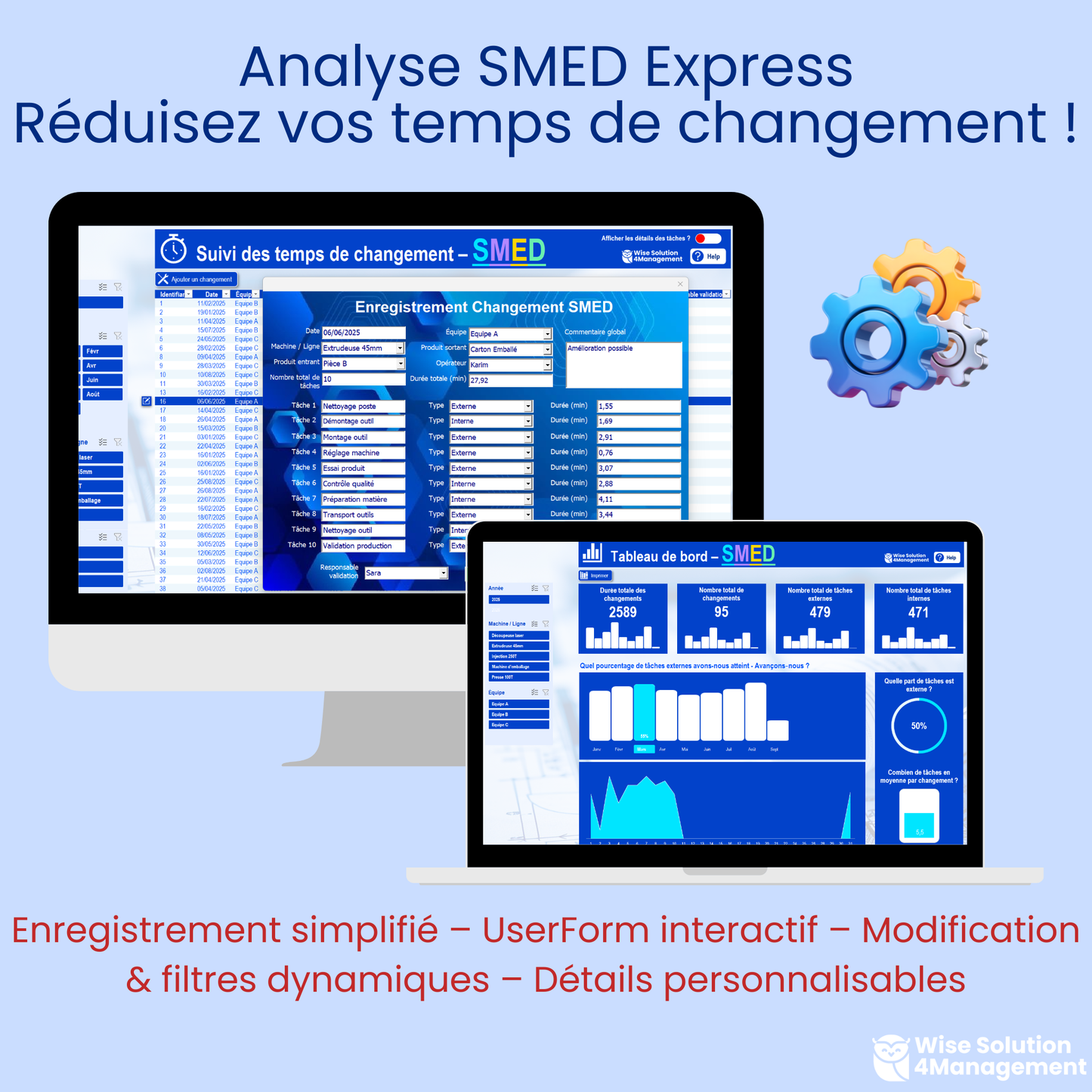 Onglets combinés de l’outil SMED Excel VBA montrant le suivi des temps de changement, les filtres dynamiques, l’affichage des détails des tâches, ainsi que le tableau de bord interactif pour l’amélioration continue.
