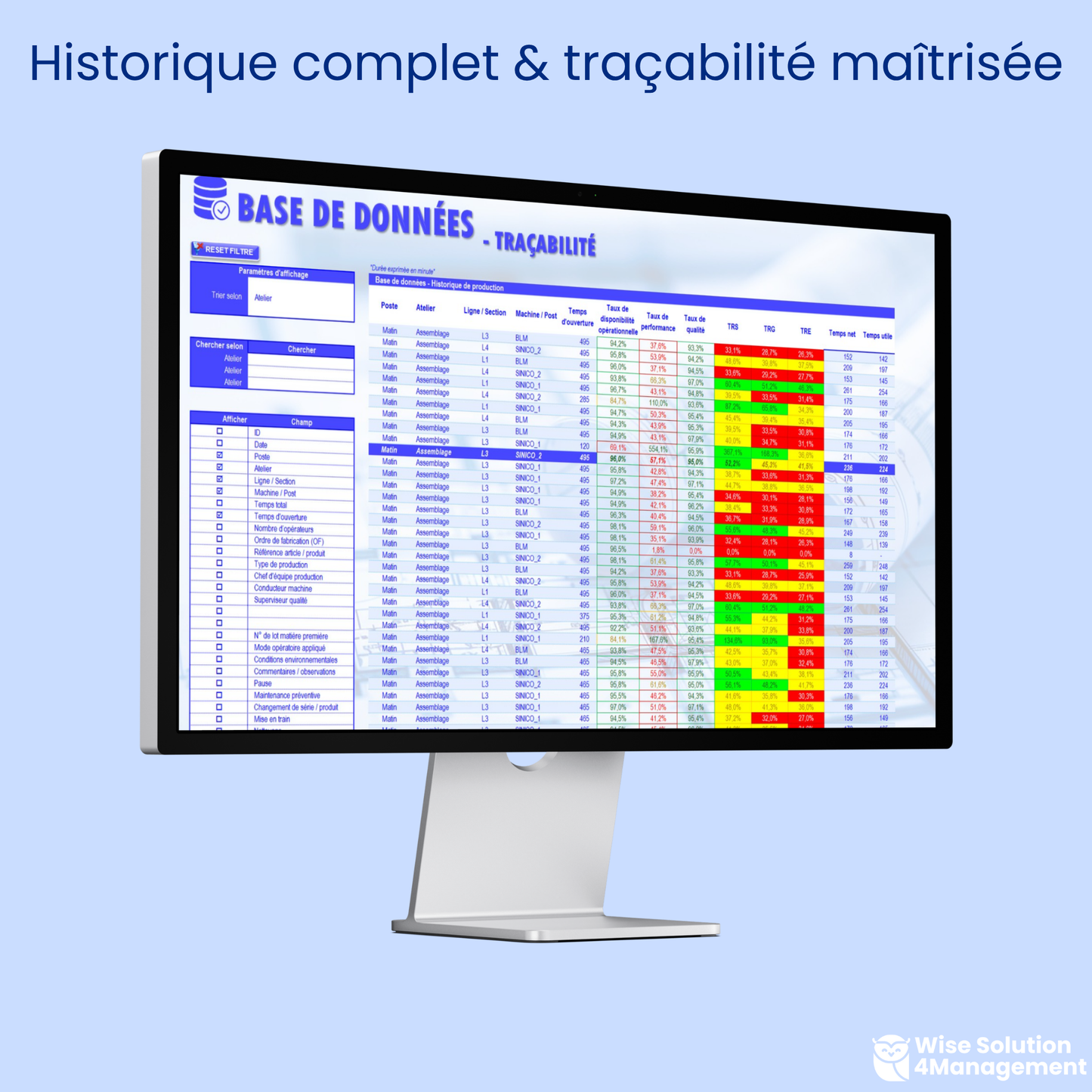 Illustration de l’onglet Base de Données – Traçabilité d’une application de gestion de production, permettant l’historique complet des événements, la recherche d’informations et l’export des données.