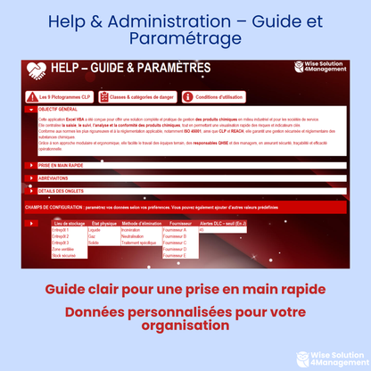 Interface Help et Administration de l’outil Excel VBA – Inventaire Produit Chimique, présentant le guide d’utilisation, les paramètres de configuration et les options de personnalisation de l’application.