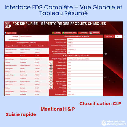 Interface complète FDS de l’outil Excel VBA – Inventaire Produit Chimique, affichant la fiche de données de sécurité avec mini tableau récapitulatif pour le suivi et la gestion des produits chimiques.