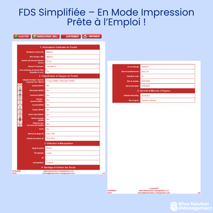 Interface « FDS Simplifiée » de l’outil Excel VBA – Inventaire Produit Chimique, affichant une fiche de données de sécurité prête à l’impression avec toutes les informations essentielles : désignation, dangers, précautions et stockage.