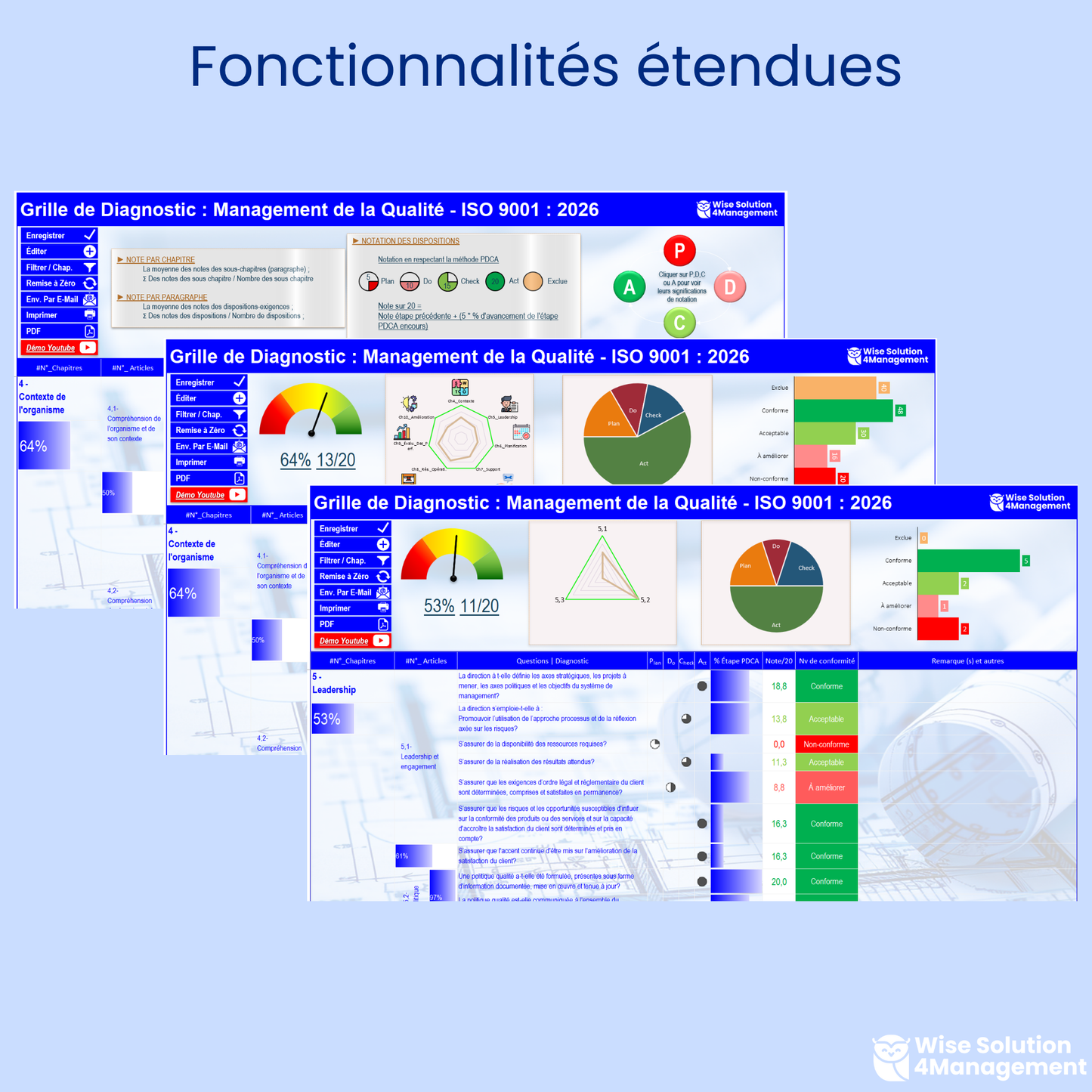 Fonctionnalités étendues de l’outil Excel VBA pour le Diagnostic ISO 9001:2026, suivi et analyse du SMQ.