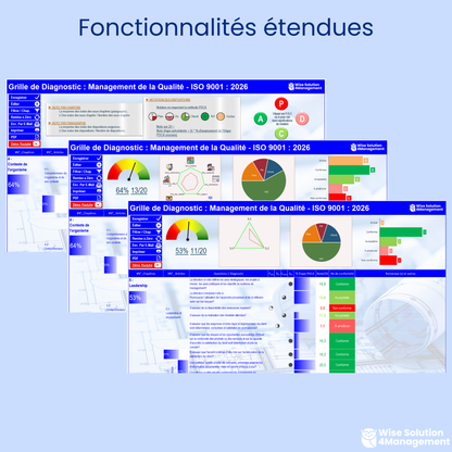 Fonctionnalités étendues de l’outil Excel VBA pour le Diagnostic ISO 9001:2026, suivi et analyse du SMQ.
