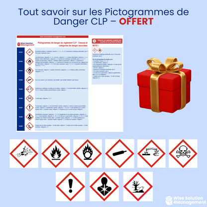 Visuel bonus de l'application FDS - Inventaire Produit Chimique - Excel VBA, présentant les 9 pictogrammes CLP et la fiche pratique "Pictogrammes de danger du règlement CLP - Classes et catégories de danger associées".