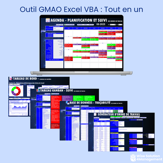 Découvrez les fonctionnalités clés de l'application GMAO Excel VBA : gestion de la maintenance avec agenda, tableau Kanban, base de données centrale, génération automatisée des ordres de travail, et tableau de bord pour un suivi optimisé des interventions préventives et correctives.