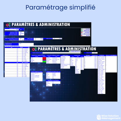 Interface de paramétrage GMAO Excel VBA pour personnaliser la gestion de la maintenance, sans nécessiter de compétences supplémentaires. Ajustez les paramètres selon vos besoins pour une gestion optimale des équipements et des interventions.