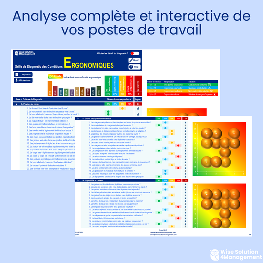 Grille de Diagnostic Ergonomique – Vue complète avec boutons, diagramme en bulles et indice de conformité global.