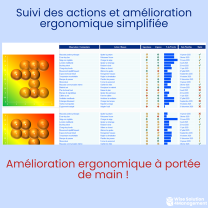 Grille de Diagnostic Ergonomique – Interface pour saisir observations, actions, priorité et suivi du statut.