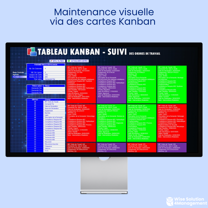 Tableau Kanban GMAO Excel VBA pour la priorisation des tâches de maintenance – Améliorez le suivi visuel des ordres de travail et optimisez la planification agile pour augmenter la productivité et l'efficacité de votre équipe de maintenance.