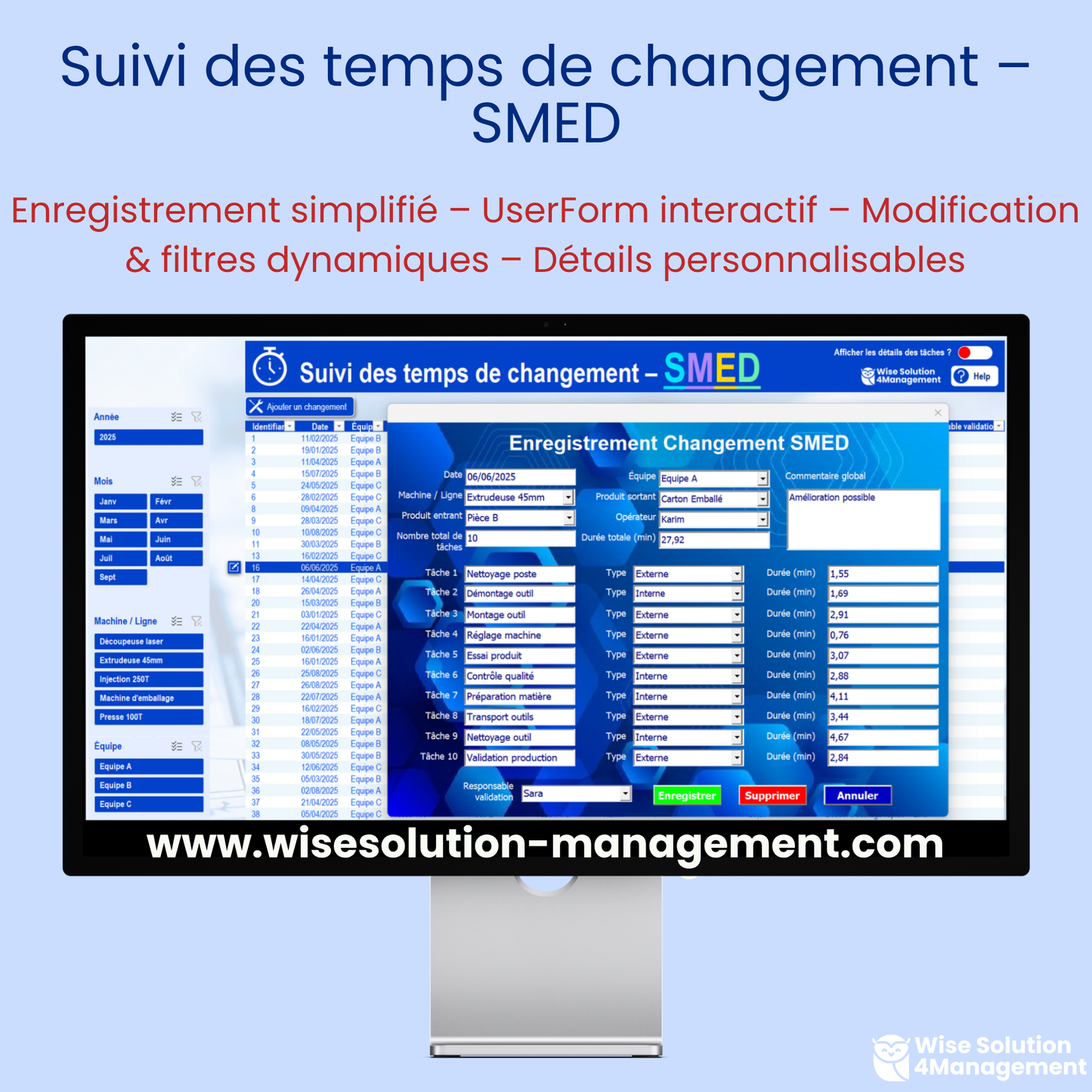 Onglet de Suivi des temps de changement de l’outil SMED Excel VBA, montrant le UserForm rempli, les filtres dynamiques et l’affichage des détails des tâches.