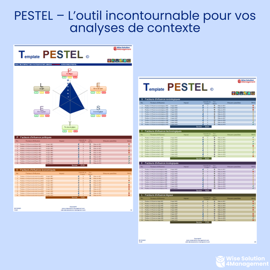 Template PESTEL Excel VBA prêt à l’emploi pour analyser les facteurs externes, soutenir le management stratégique et la qualité dans votre organisation.
